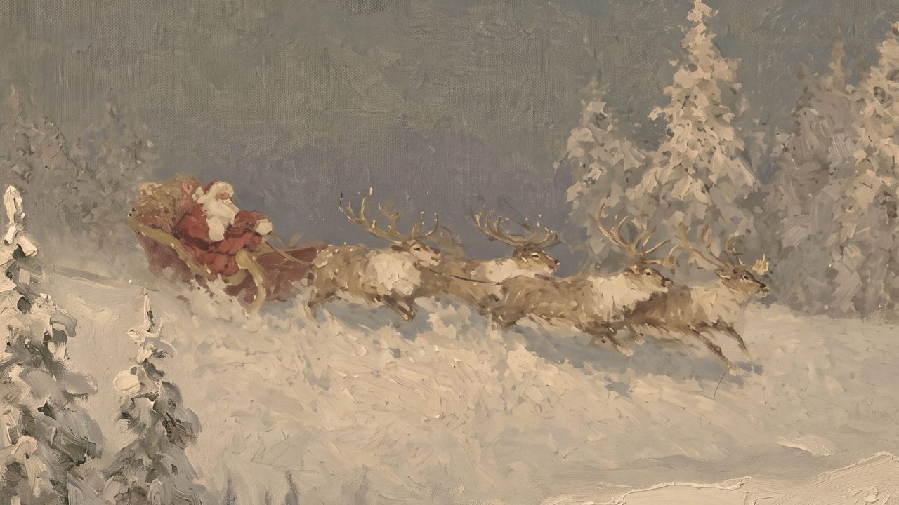 Christmas Frame TV Art, Vintage Holiday Oil Painting (Santa Sleigh over Snowfield)