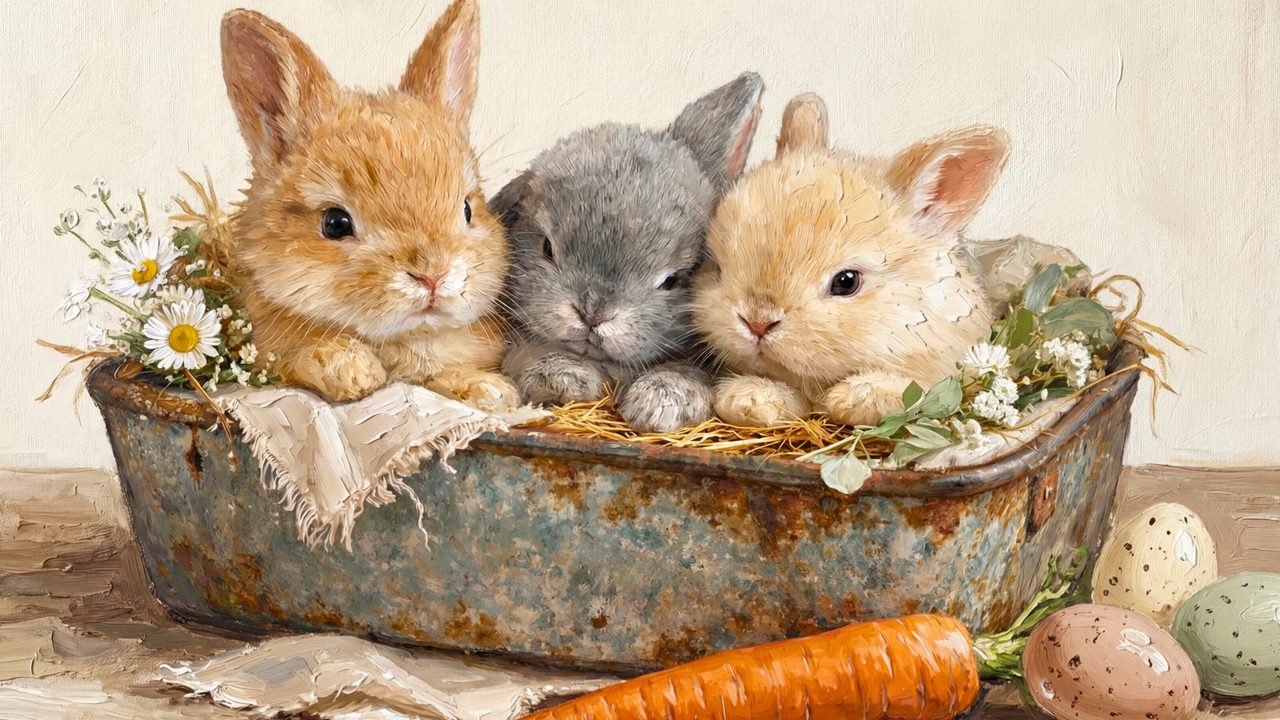 Easter Frame TV Art, Pastel Spring Oil Painting (Bunnies in Rustic Basket)