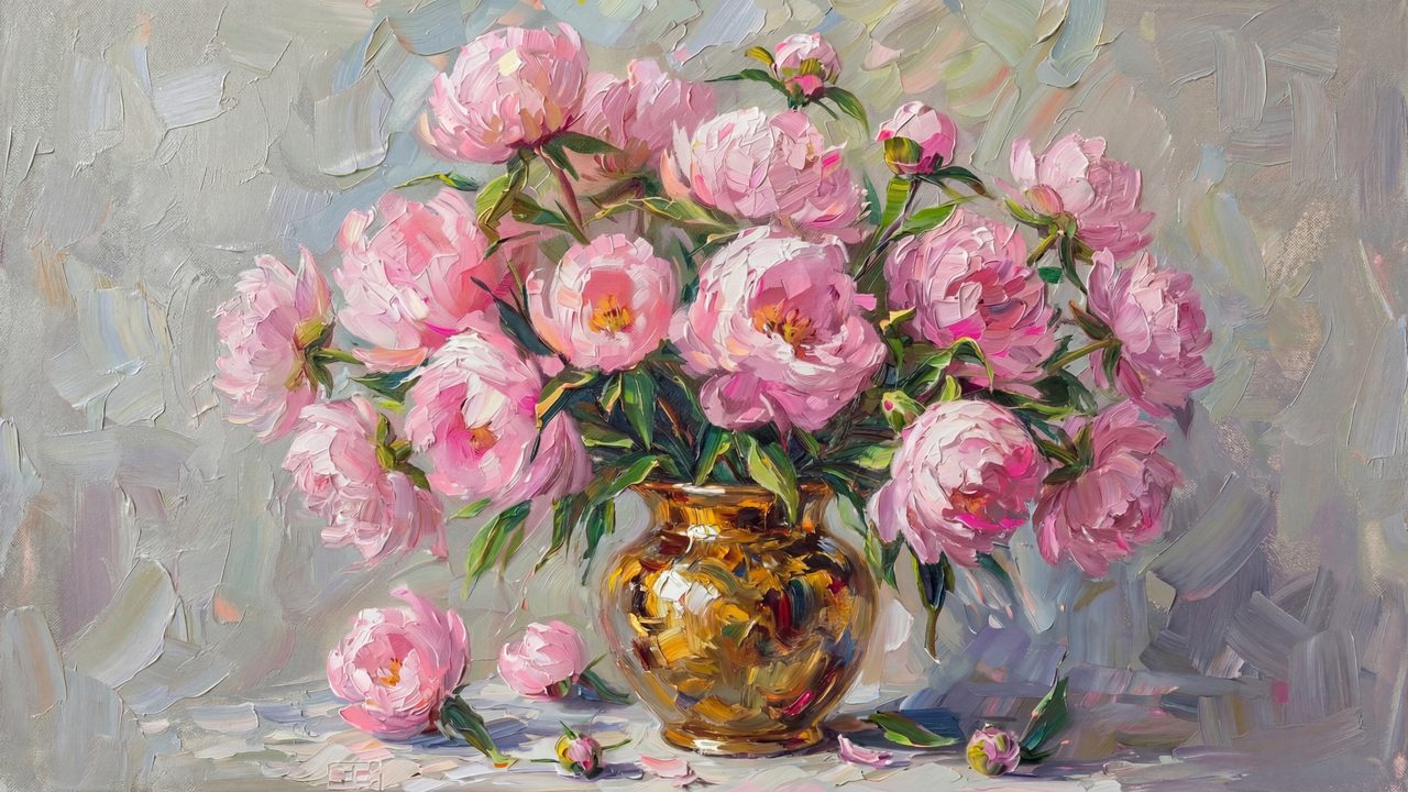 Samsung Frame TV Art Valentine's Day, Pink Peonies in Gold Vase, Spring Floral Oil Painting, Cottagecore Aesthetic
