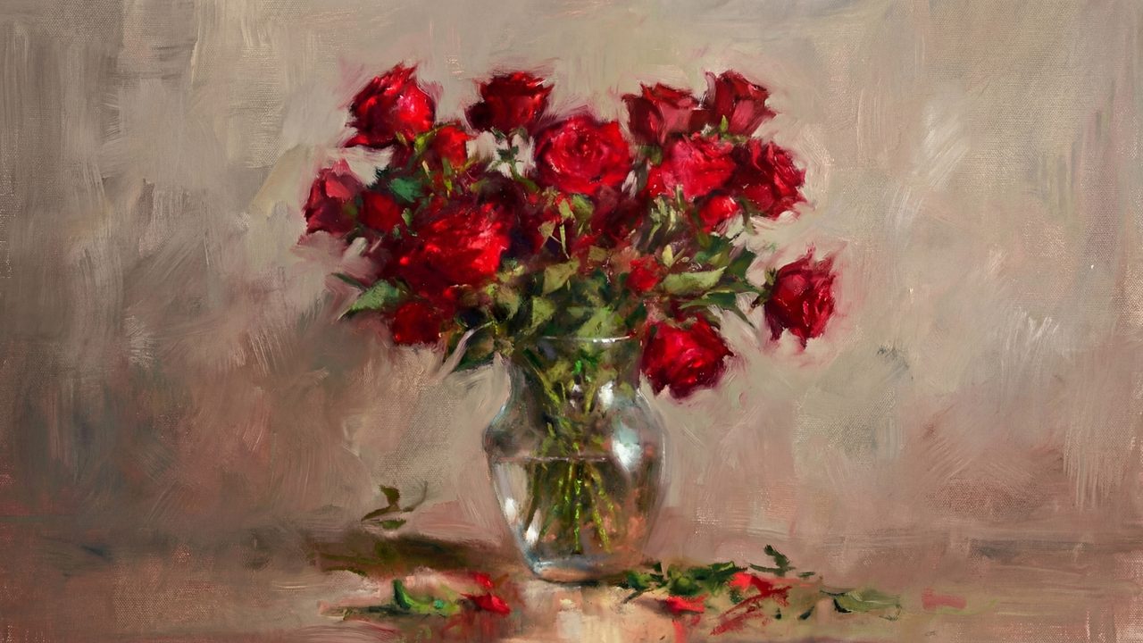 Valentine Frame TV Art, Romantic Vintage Oil Painting (Red Roses in Glass Vase 2)