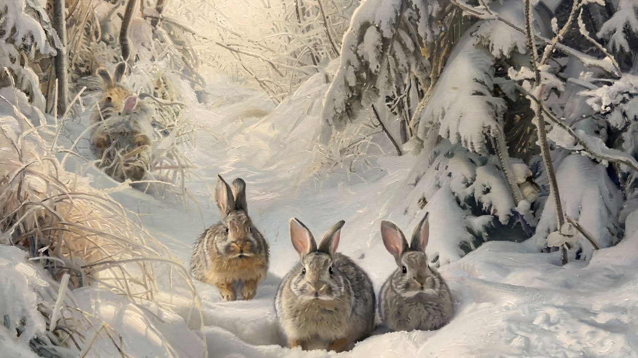 Christmas Frame TV Art, Vintage Holiday Oil Painting (Rabbits in Snowy Thicket)
