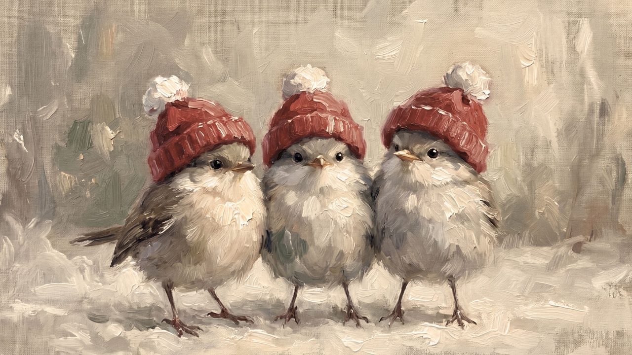 Christmas Frame TV Art, Vintage Holiday Oil Painting (Birds in Knit Hats)