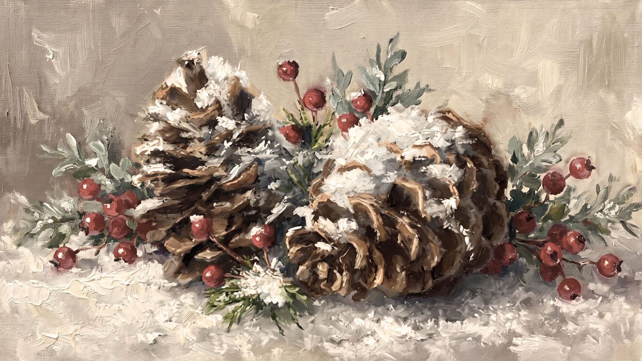 Christmas Frame TV Art, Vintage Holiday Oil Painting (Pine Cones with Red Berries)