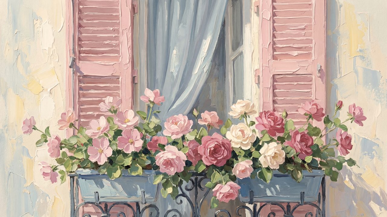 Spring Frame TV Art, Vintage Floral Landscape Oil Painting (Pink Shutters with Window Box)