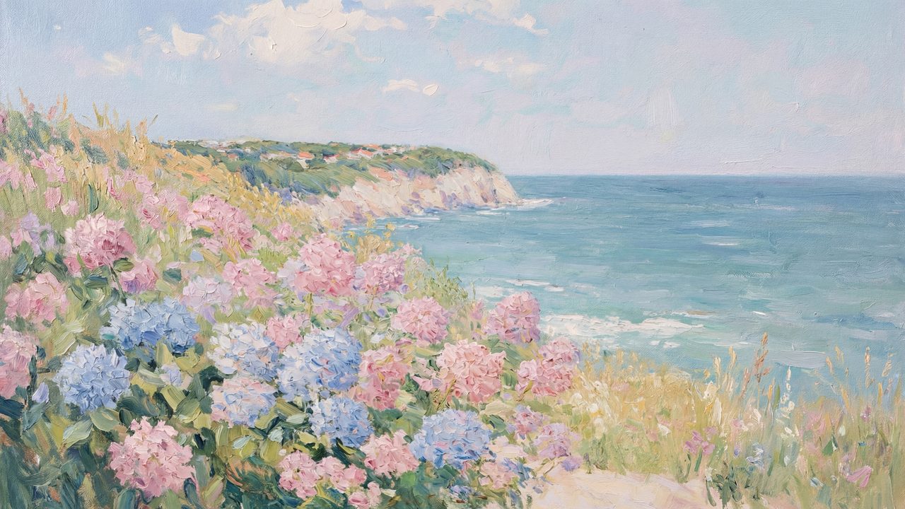 Coastal Hydrangea Samsung Frame TV Art, Summer Ocean Landscape Oil Painting, 4K, Sea Cliff Flower Decor