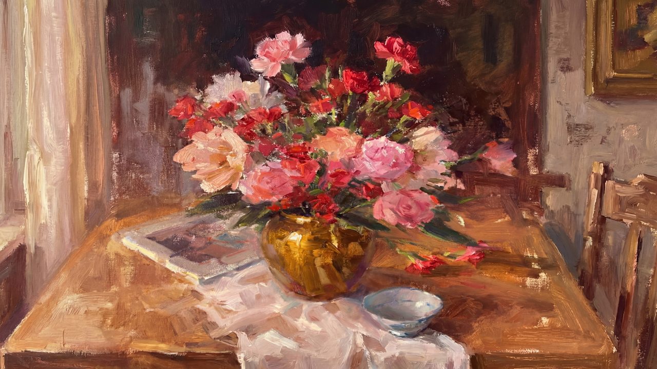 Valentine Frame TV Art, Romantic Vintage Oil Painting (Pink Flowers on Wooden Table)