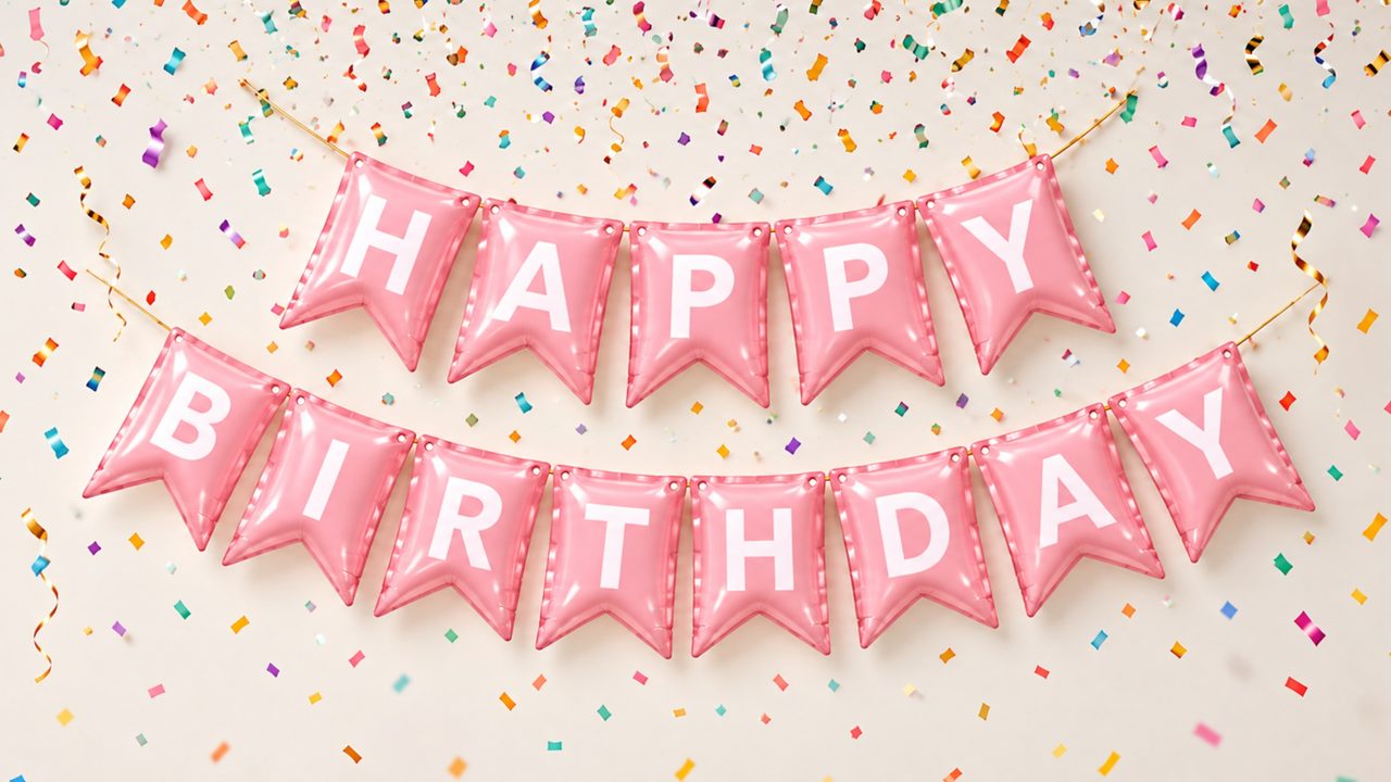 Happy Birthday Frame TV Art, Colorful Party TV Background (Pink Birthday Pennant Banner)