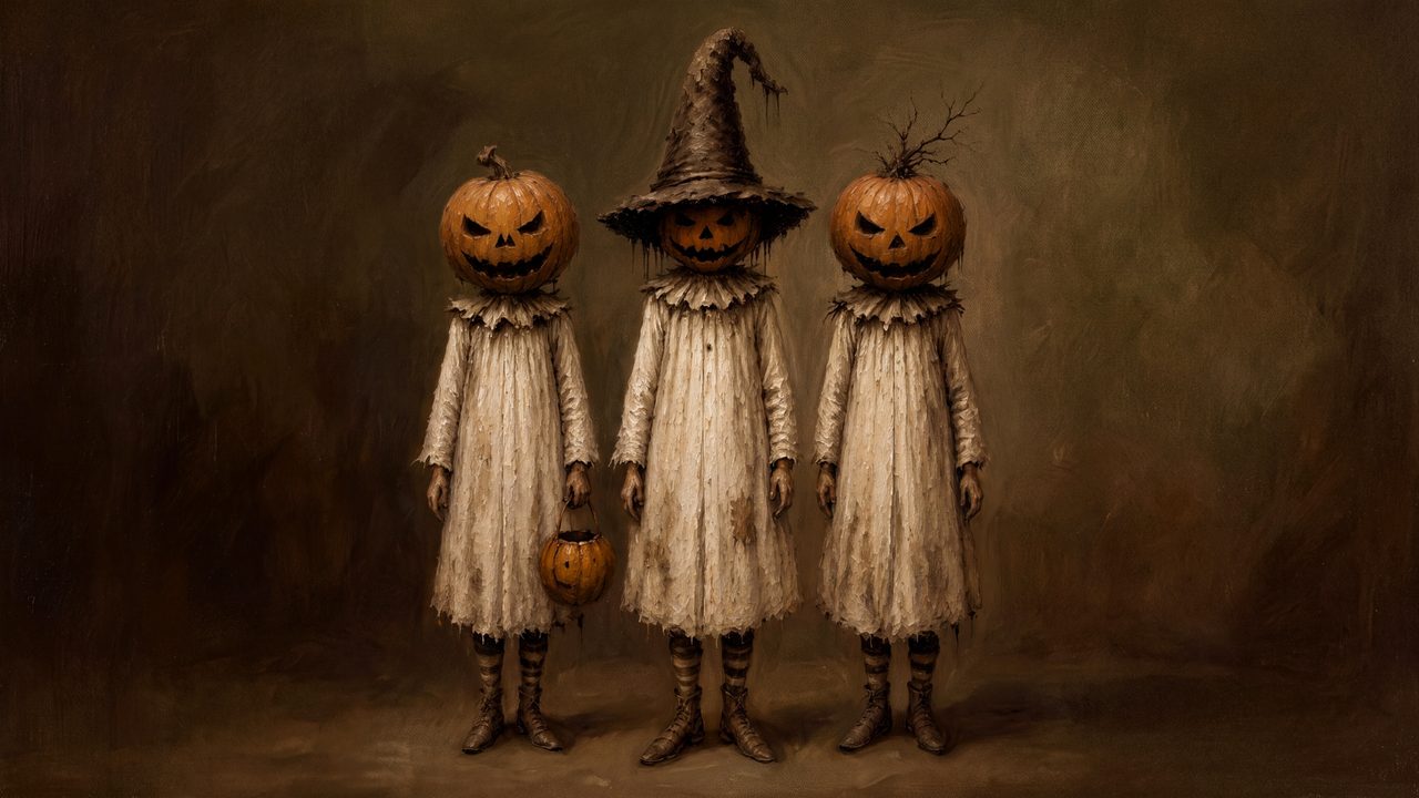 Fall Frame TV Art, Vintage Autumn Oil Painting (Three Pumpkin Head Children)