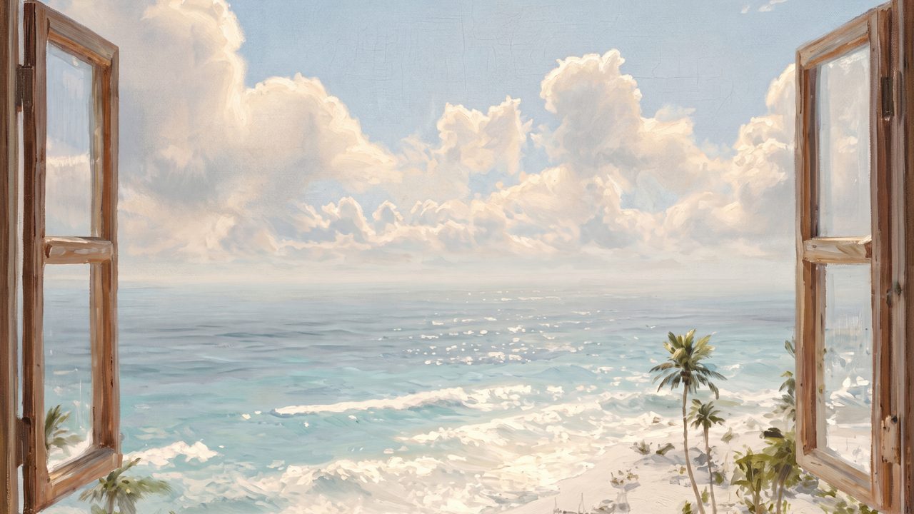 Summer Frame TV Art, Coastal Beach Oil Painting (Open Window to Ocean)