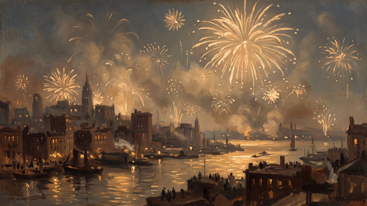 New Year Frame TV Art, Festive Celebration TV Background (Fireworks over River Town)