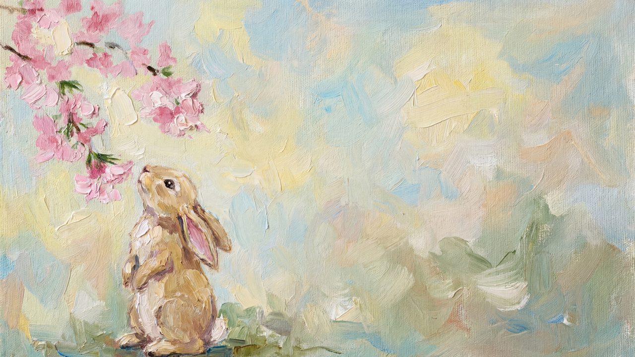 Easter Frame TV Art, Pastel Spring Oil Painting (Bunny Among Cherry Blossoms)
