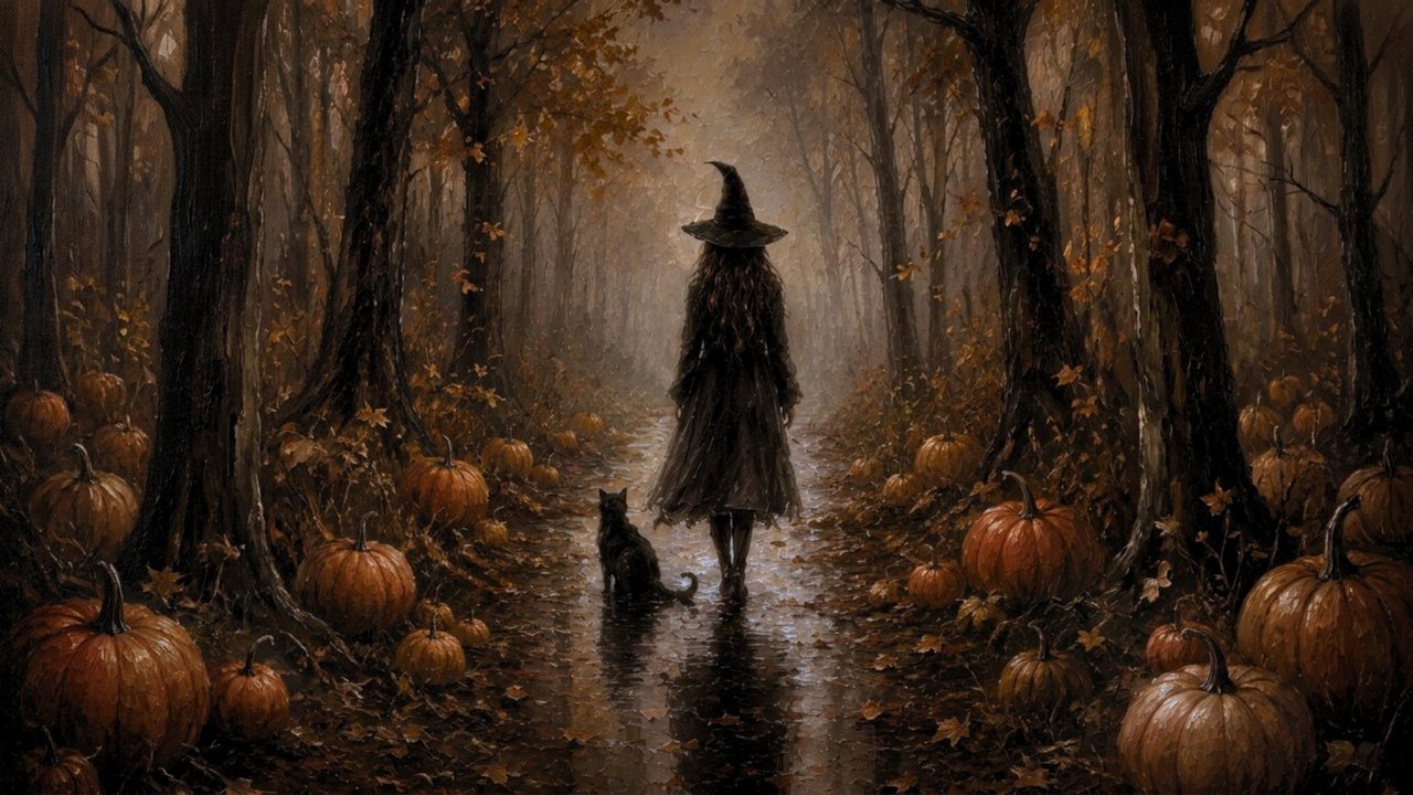 Fall Frame TV Art, Vintage Autumn Oil Painting (Witch and Cat in Pumpkin Forest)