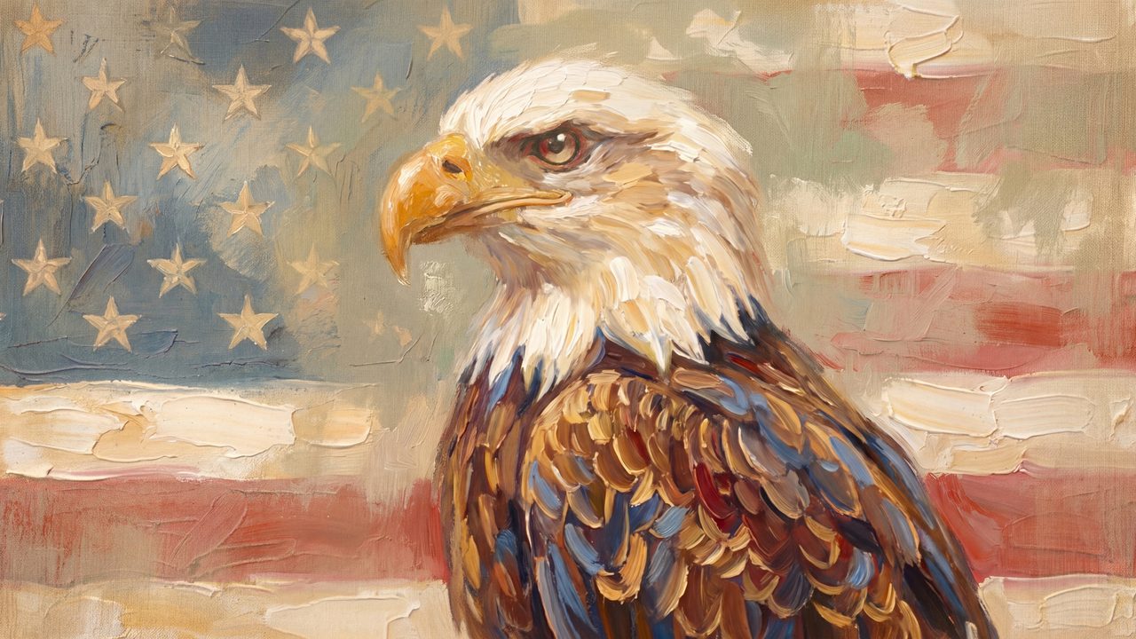 4th of July Frame TV Art, Patriotic American Oil Painting (Bald Eagle with Flag Backdrop)