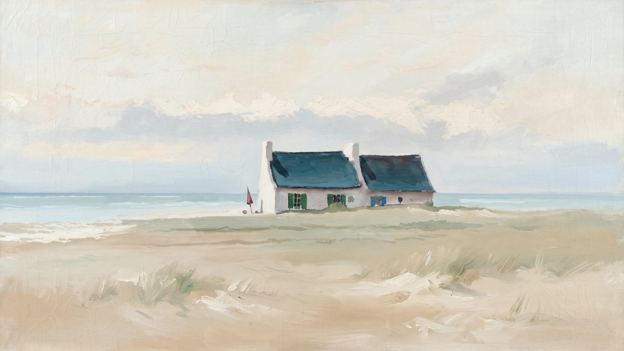 Summer Frame TV Art, Coastal Beach Oil Painting (Cottage on Coastal Plain)
