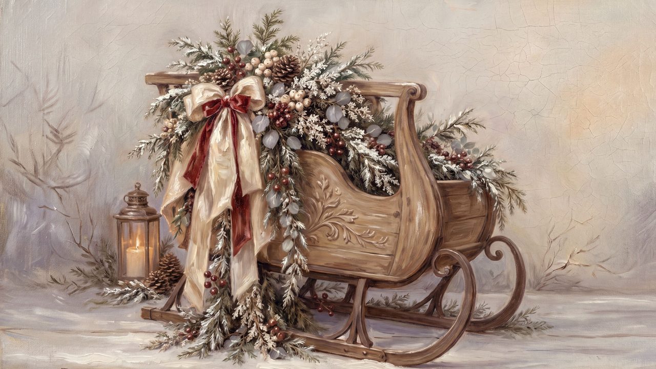 Christmas Frame TV Art, Vintage Holiday Oil Painting (Sleigh with Wreath and Lantern)