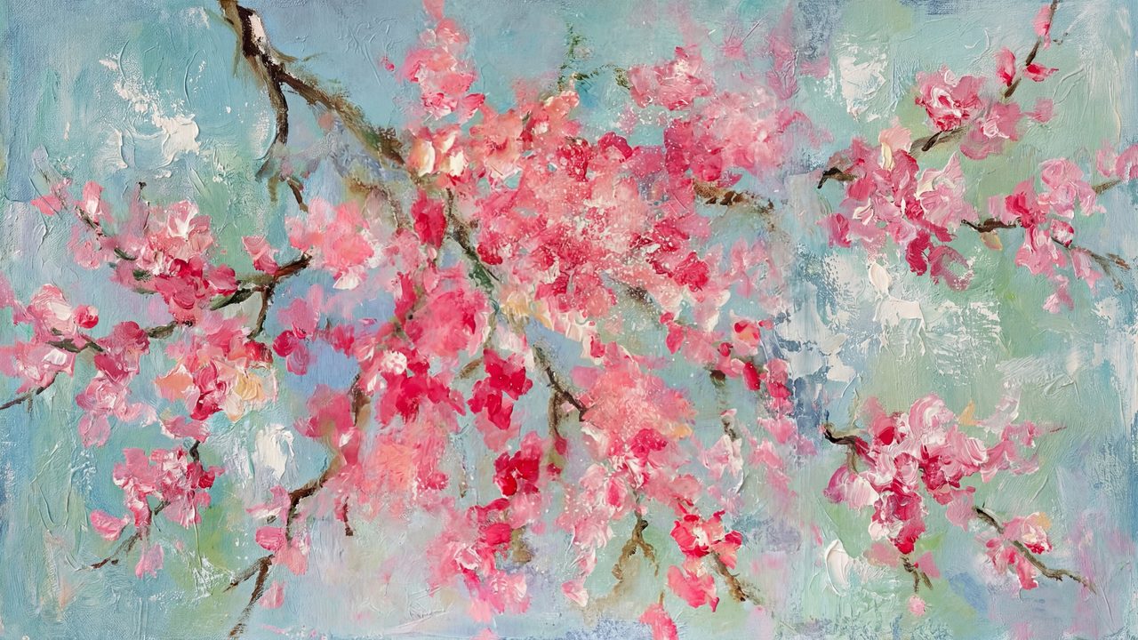 Spring Frame TV Art, Vintage Floral Landscape Oil Painting (Pink Plum Blossoms)