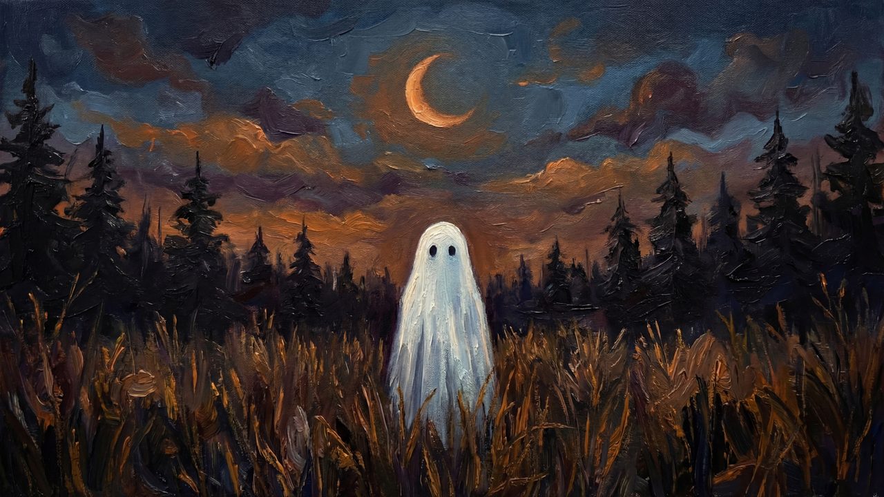 Halloween Frame TV Art, Vintage Moody Oil Painting (Ghost Under Crescent Moon)