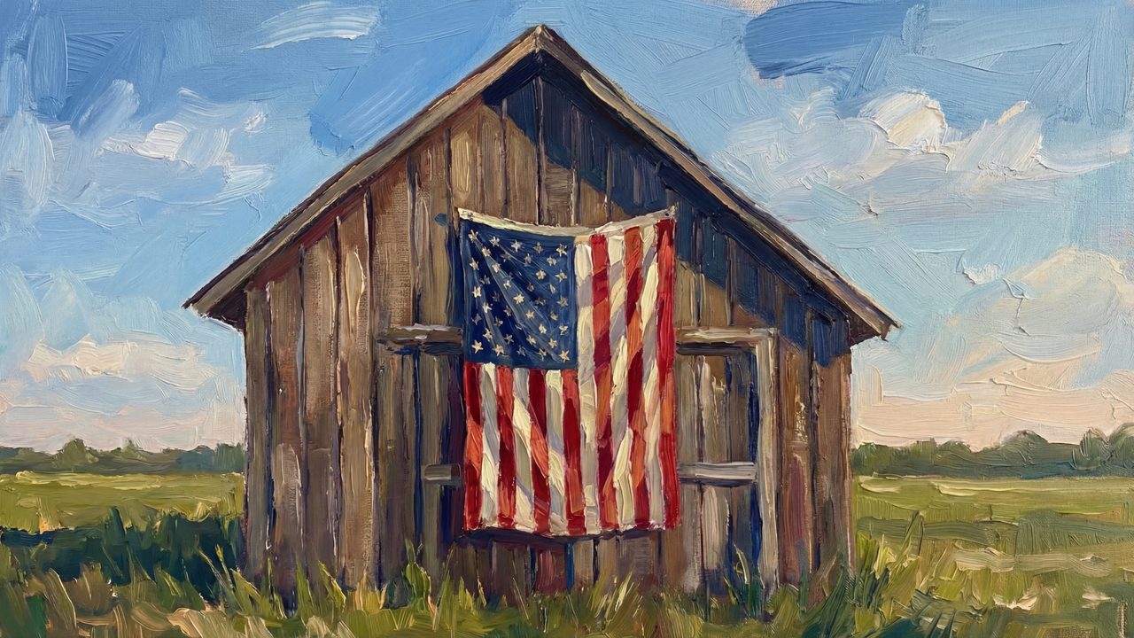 4th of July Frame TV Art, Patriotic American Oil Painting (Flag on Wooden Barn)