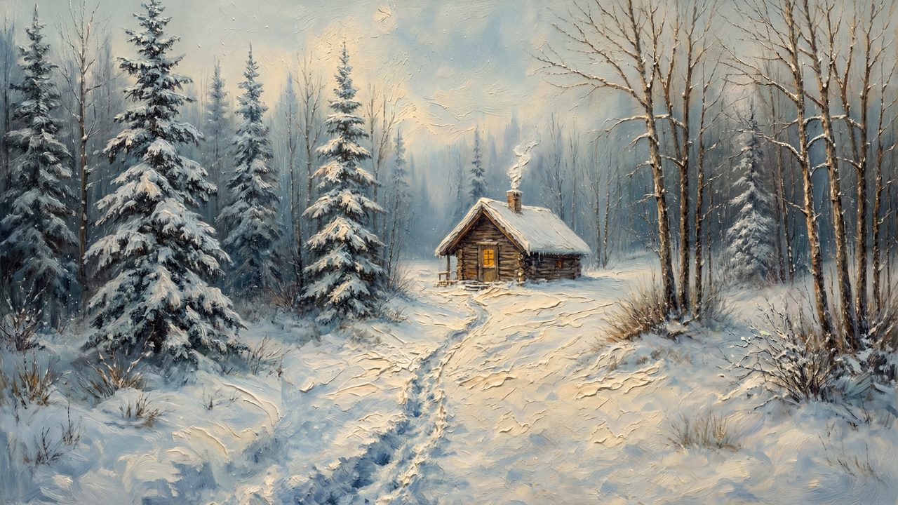 Christmas Frame TV Art, Vintage Holiday Oil Painting (Cabin in Snowy Forest)