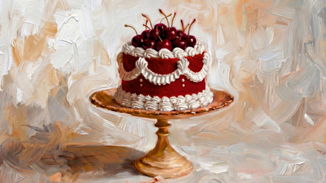 Valentine Frame TV Art, Romantic Vintage Oil Painting (Cherry Cake on Stand)