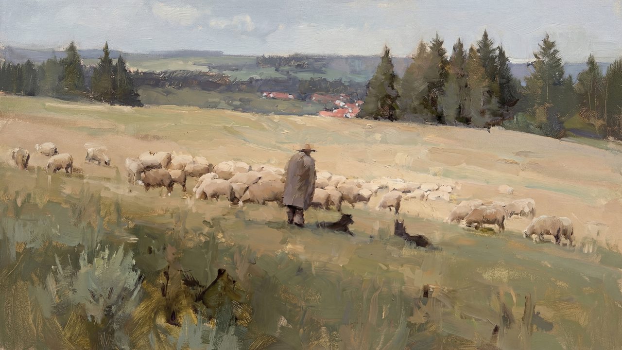 Vintage Frame TV Art, Antique Landscape Oil Painting (Shepherd with Flock of Sheep)