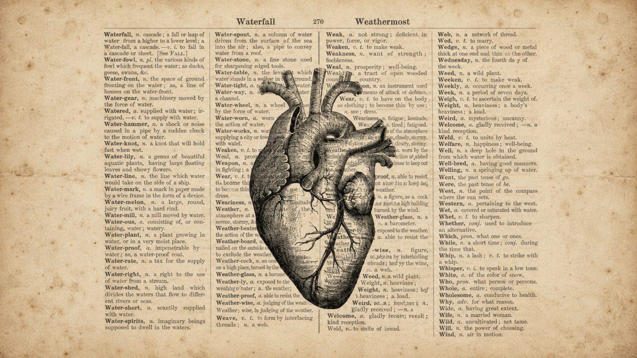 Halloween Frame TV Art, Vintage Moody Oil Painting (Anatomical Heart on Dictionary Page)
