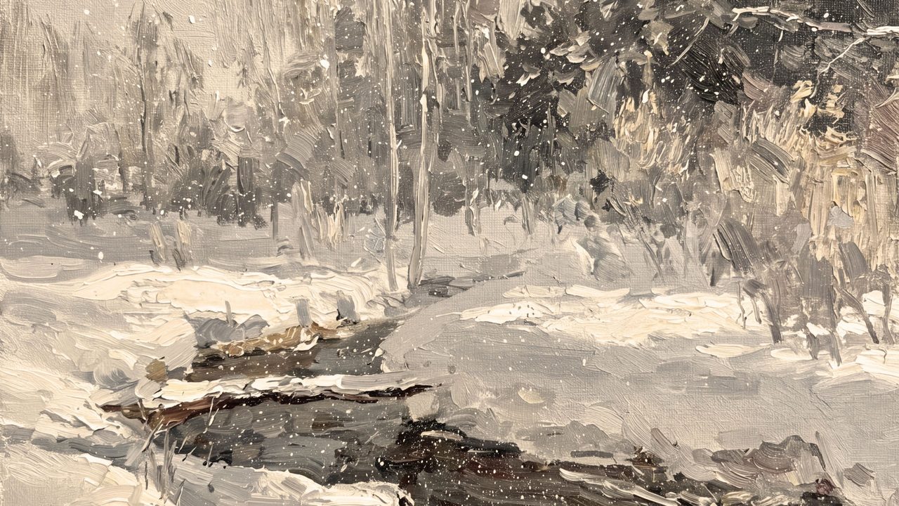 Christmas Frame TV Art, Vintage Holiday Oil Painting (Frozen Creek in Winter Woods)