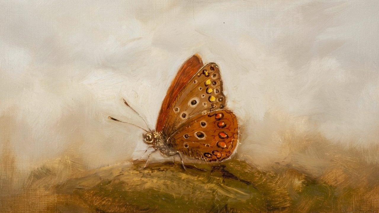 Fall Frame TV Art, Vintage Autumn Oil Painting (Brown Butterfly on Moss)