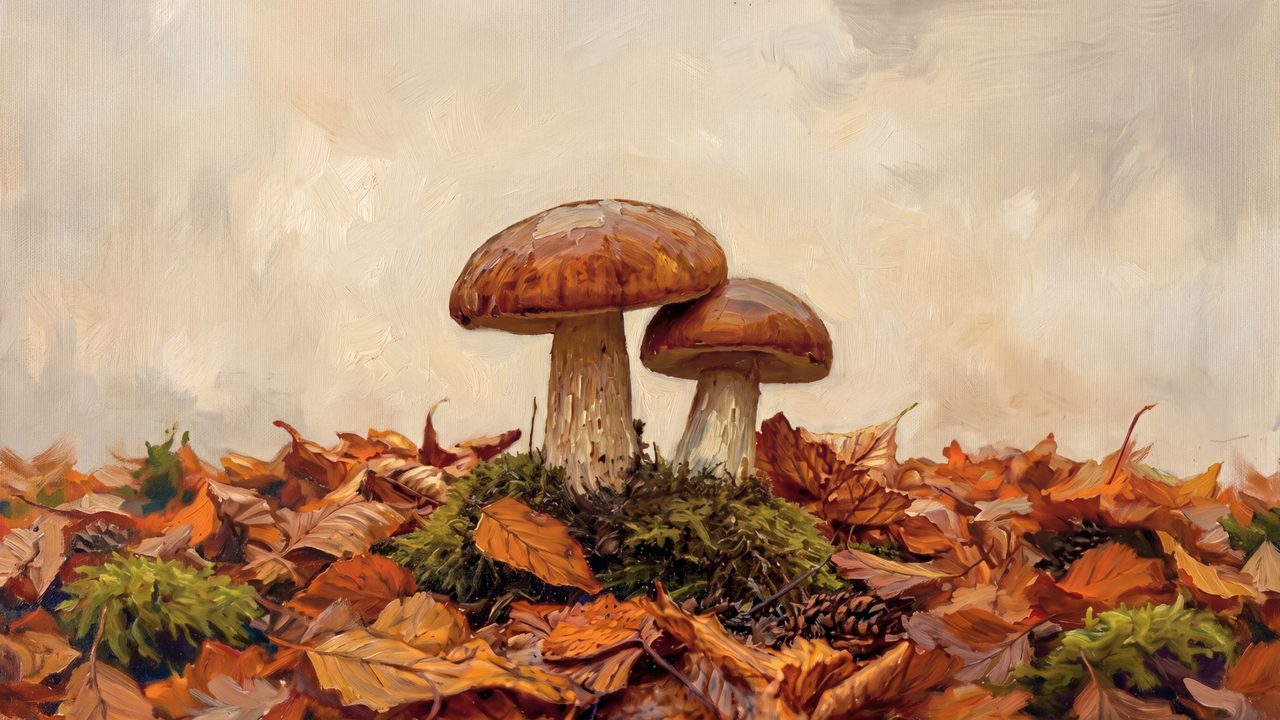 Fall Frame TV Art, Vintage Autumn Oil Painting (Mushrooms on Fallen Leaves)