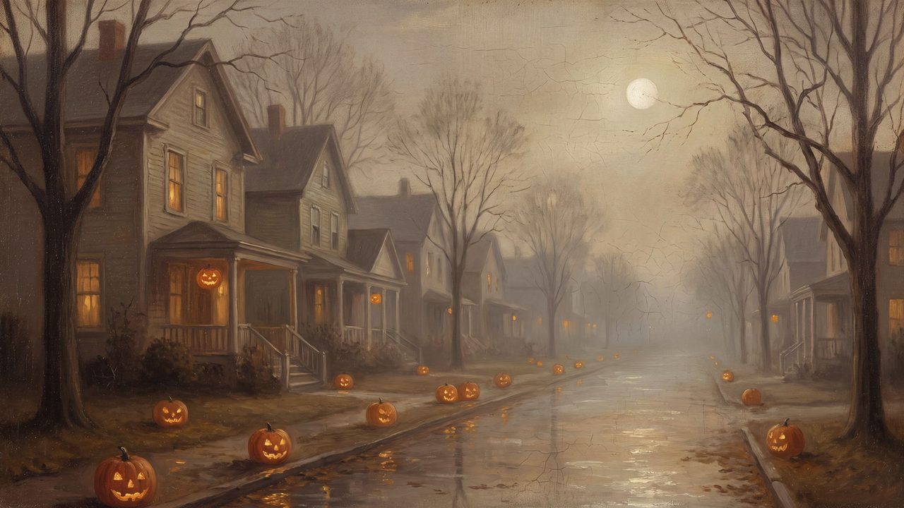 Halloween Frame TV Art, Vintage Moody Oil Painting (Halloween Street at Dusk)