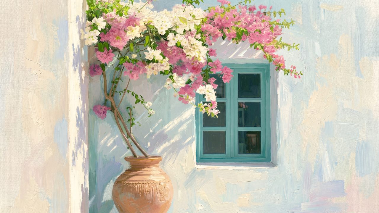 Spring Frame TV Art, Vintage Floral Landscape Oil Painting (Bougainvillea over Teal Window)
