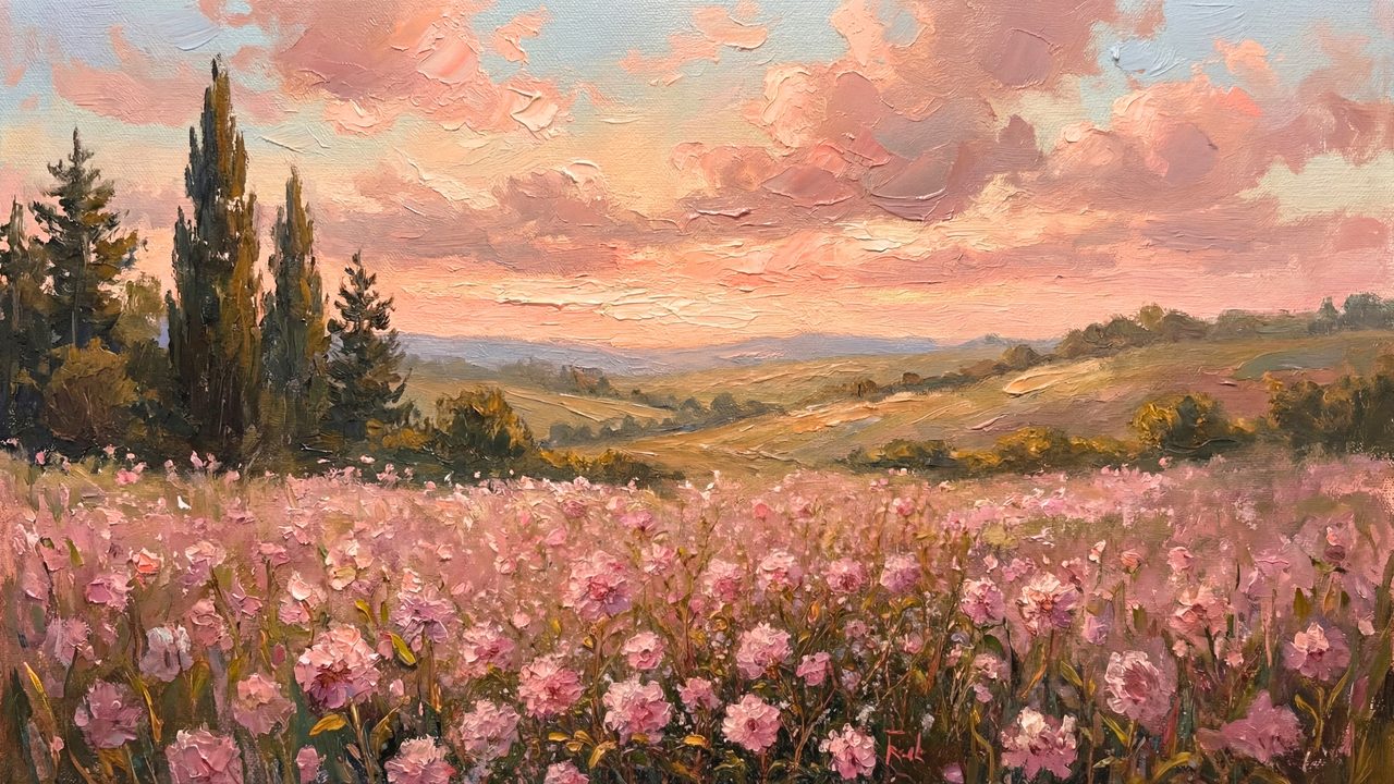 Pink Flower Field Samsung Frame TV Art, Sunset Landscape Oil Painting, Spring TV Decor, 4K Digital Download