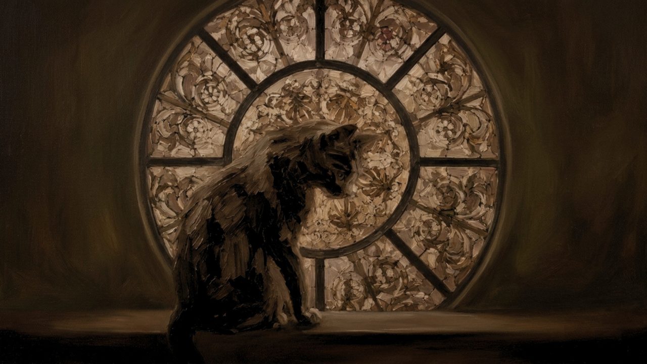 Fall Frame TV Art, Vintage Autumn Oil Painting (Black Cat by Round Window)