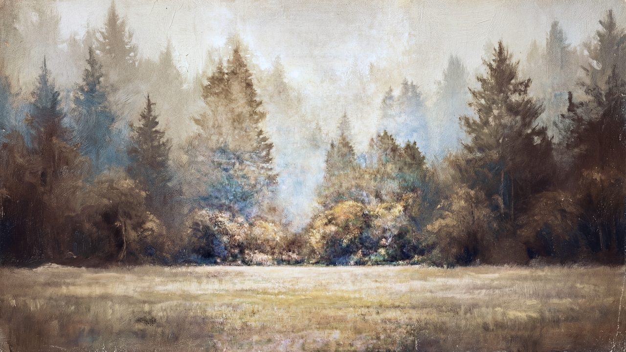 Vintage Frame TV Art, Antique Landscape Oil Painting (Misty Pine Forest Clearing)