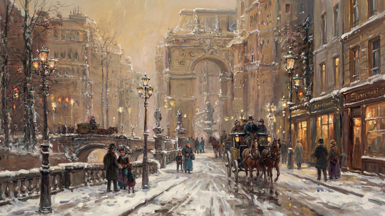 Christmas Frame TV Art, Vintage Holiday Oil Painting (Snowy City Arch Street)