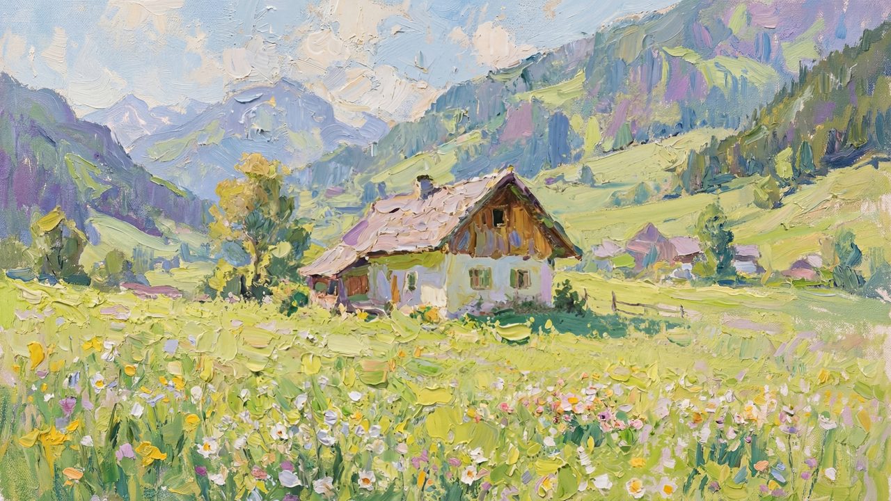 Spring Frame TV Art, Vintage Floral Landscape Oil Painting (Alpine Farmhouse in Meadow)