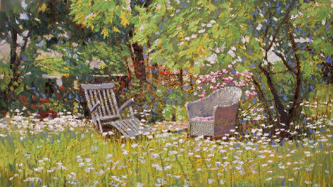 Spring Frame TV Art, Vintage Floral Landscape Oil Painting (Garden Chairs Under Trees)
