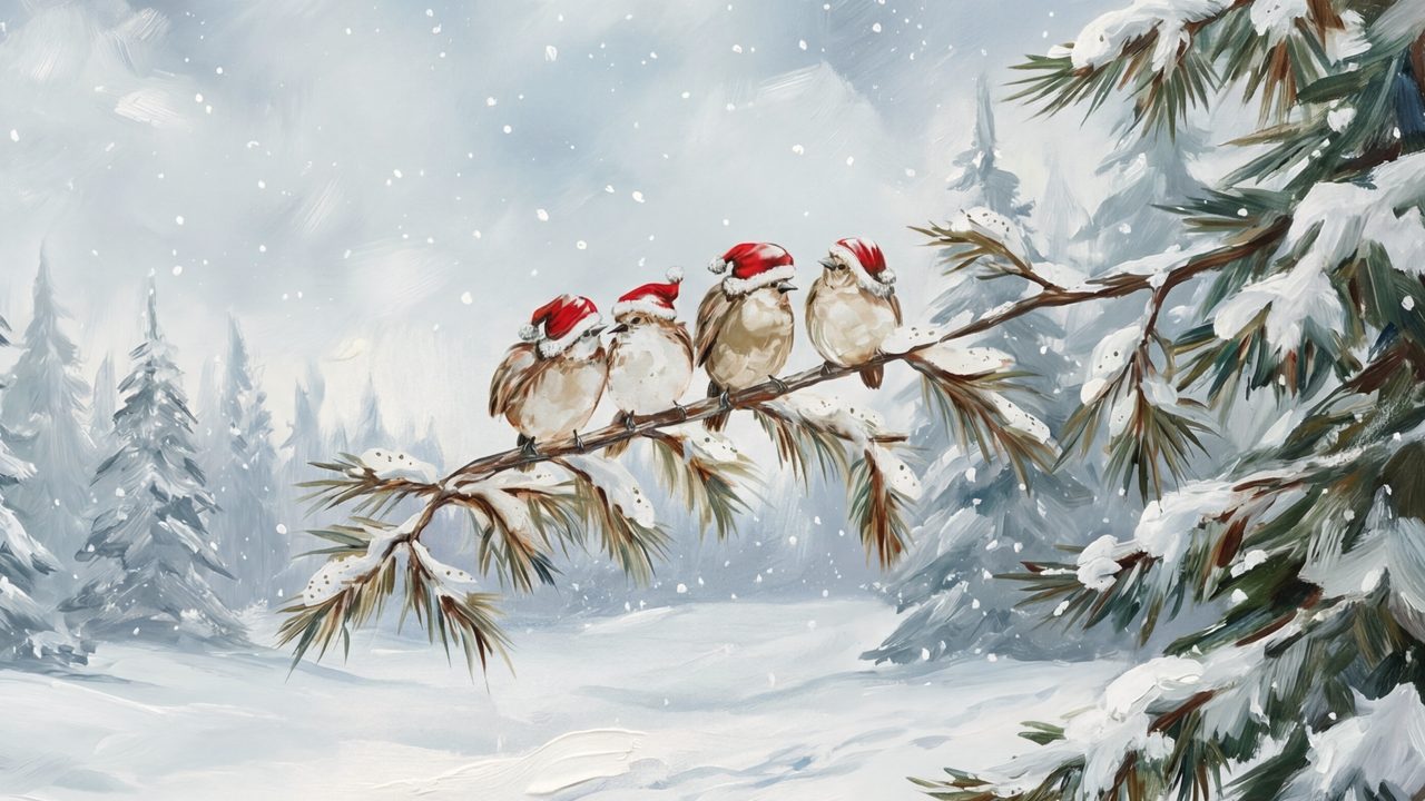 Christmas Frame TV Art, Vintage Holiday Oil Painting (Birds in Santa Hats on Branch)