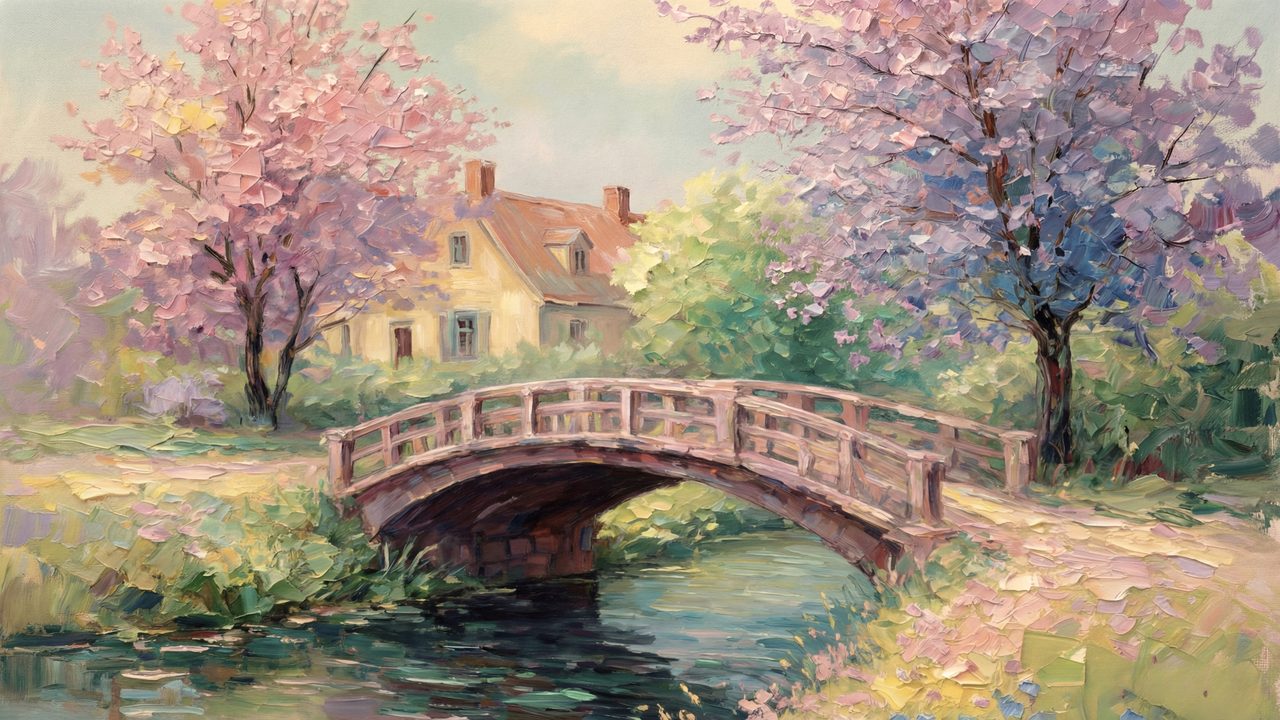 Spring Frame TV Art, Vintage Floral Landscape Oil Painting (Stone Bridge with Blossom Trees)
