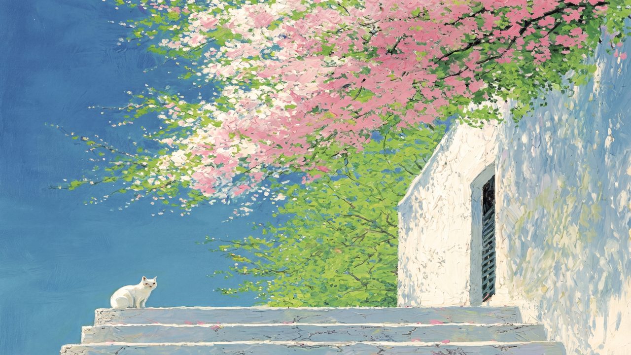 Spring Frame TV Art, Vintage Floral Landscape Oil Painting (White Cat on Sunny Steps)