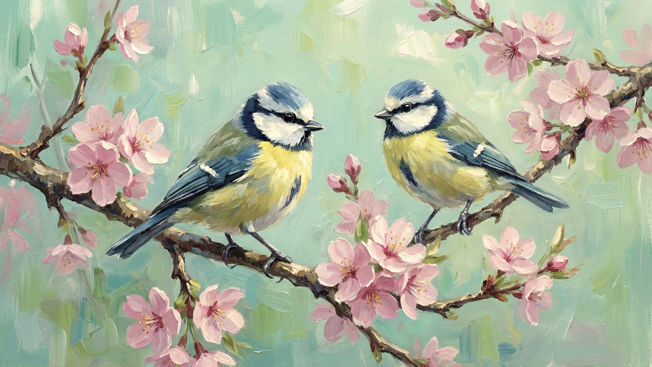 Spring Frame TV Art, Vintage Floral Landscape Oil Painting (Blue Tits on Cherry Branch)
