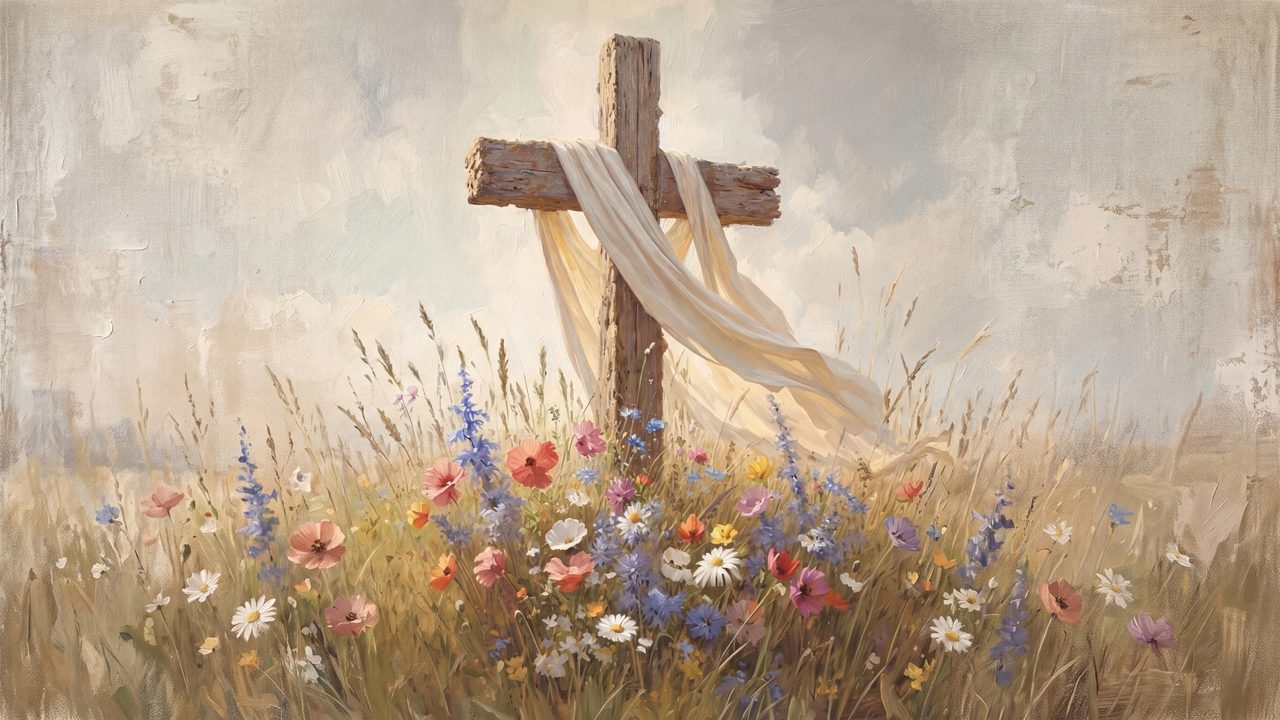 Easter Frame TV Art, Pastel Spring Oil Painting (Cross with Shroud in Meadow)