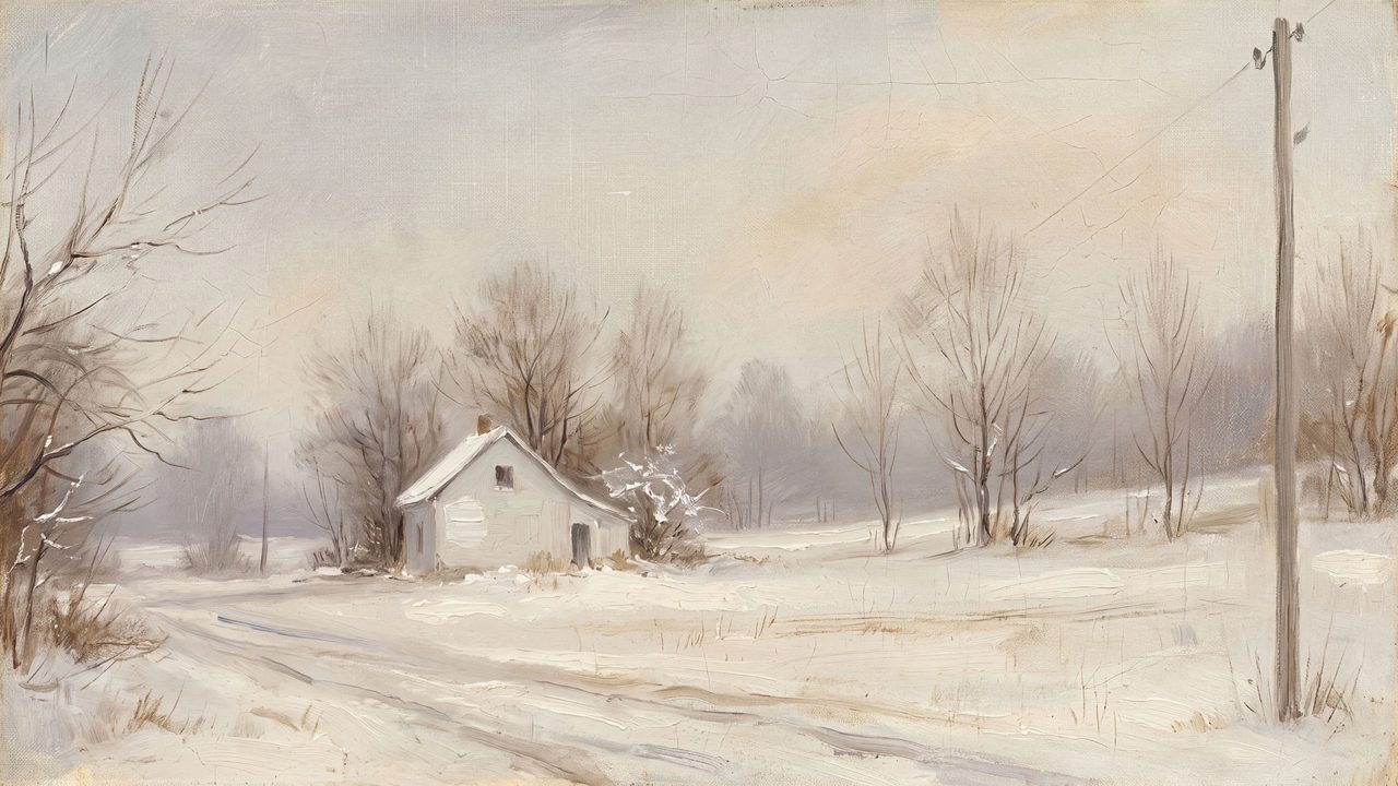 Christmas Frame TV Art, Vintage Holiday Oil Painting (Cottage in Snowy Field)