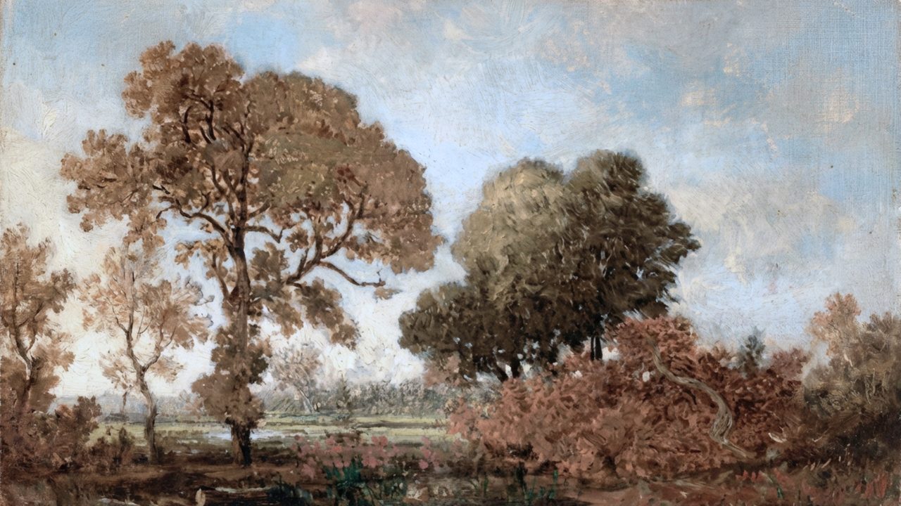 Vintage Frame TV Art, Antique Landscape Oil Painting (Autumn Trees Under Blue Sky)