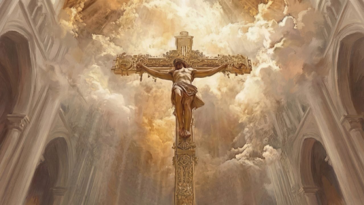 Christian Frame TV Art, Jesus Religious Oil Painting (Golden Crucifix in Cathedral)