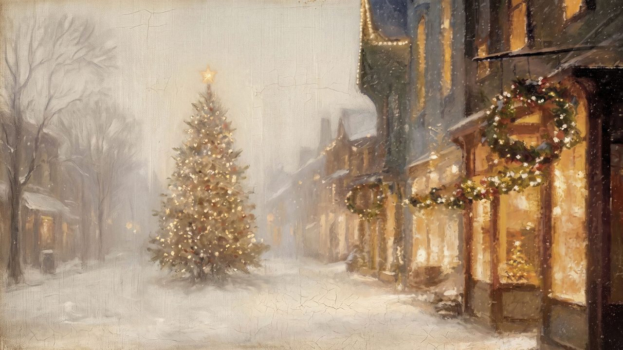 Christmas Frame TV Art, Vintage Holiday Oil Painting (Christmas Tree on Snowy Street)
