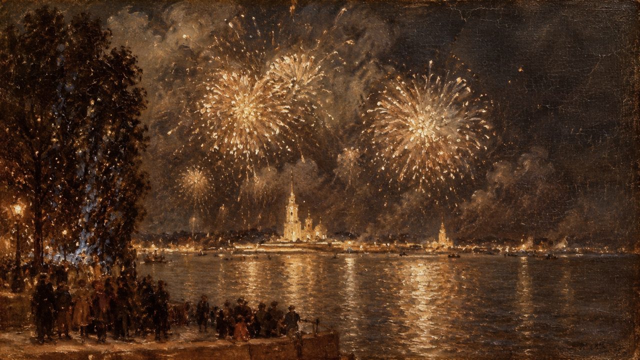 New Year Frame TV Art, Festive Celebration TV Background (Fireworks over Lake at Night)