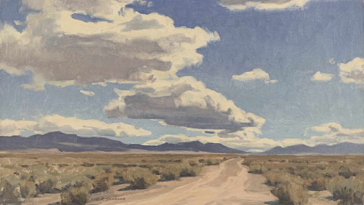 Vintage Frame TV Art, Antique Landscape Oil Painting (Desert Road to Mountains)