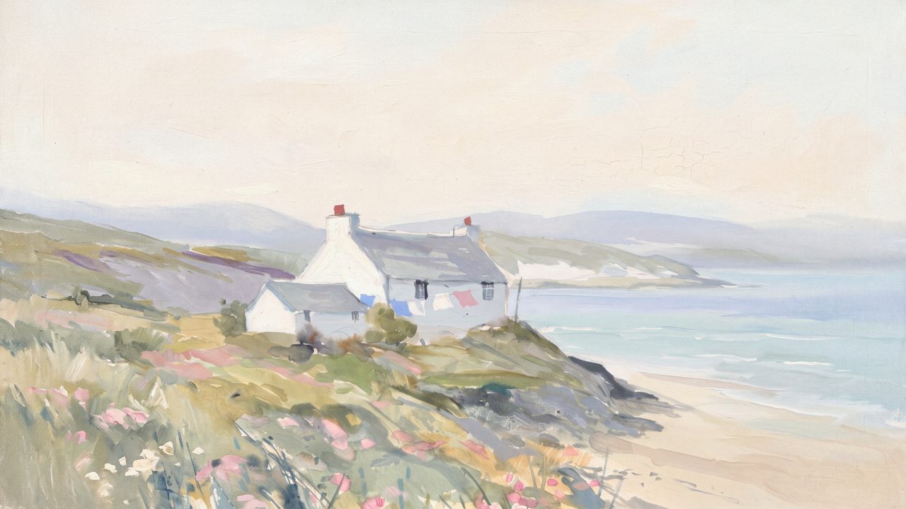 Summer Frame TV Art, Coastal Beach Oil Painting (White Cottage on Coastal Hill)