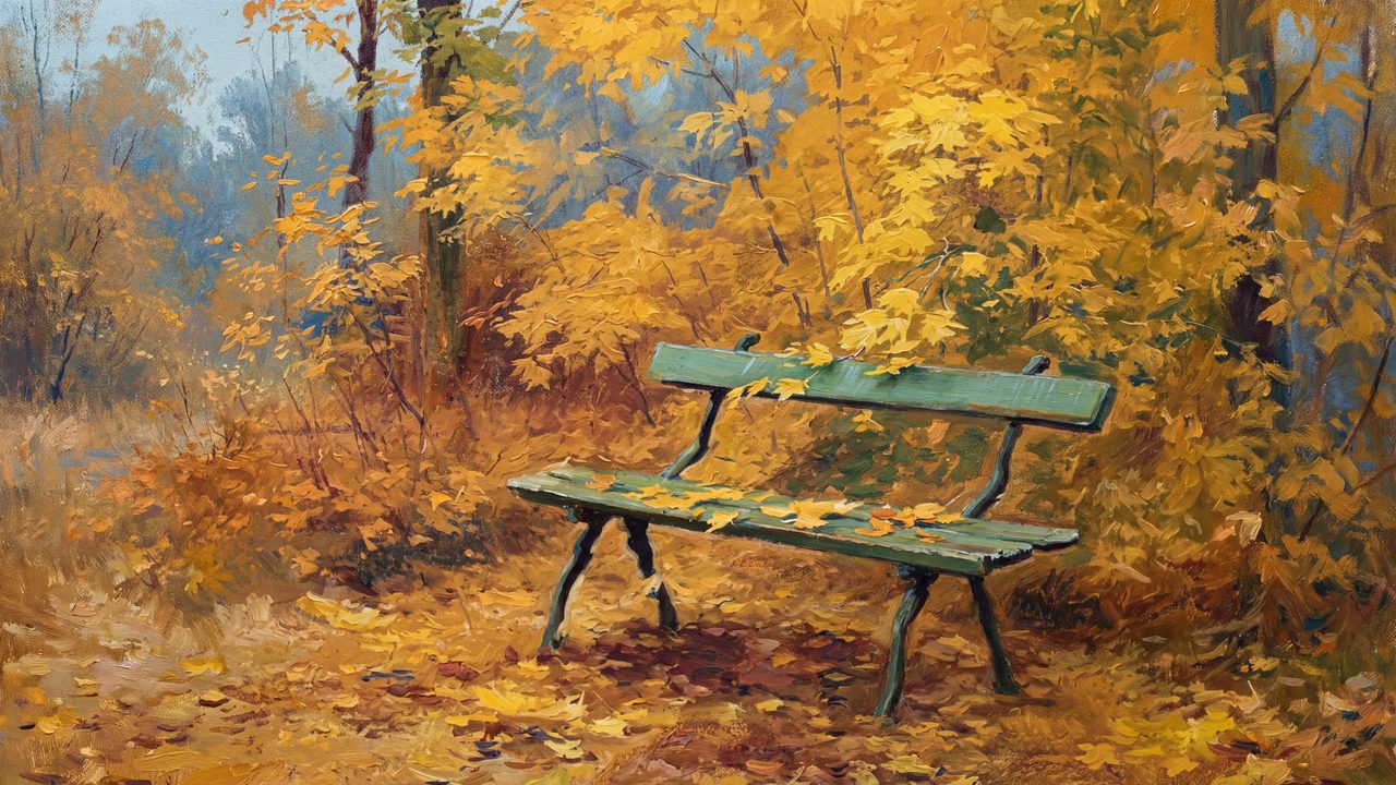 Fall Frame TV Art, Vintage Autumn Oil Painting (Green Bench in Autumn Park)